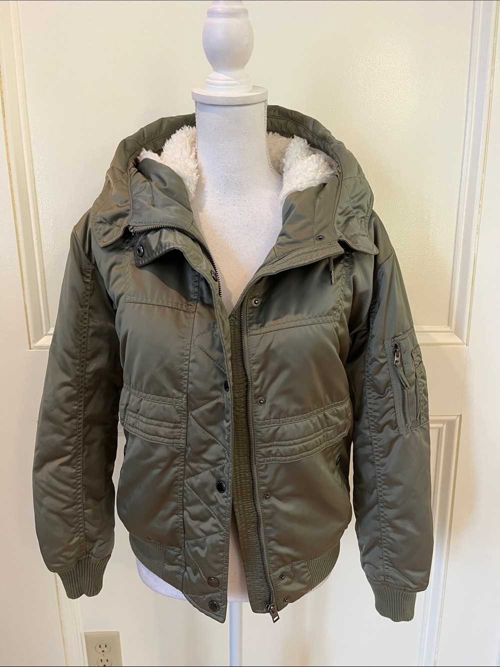 American Eagle Outfitters Olive Puffer Jacket with Sherpa Hood